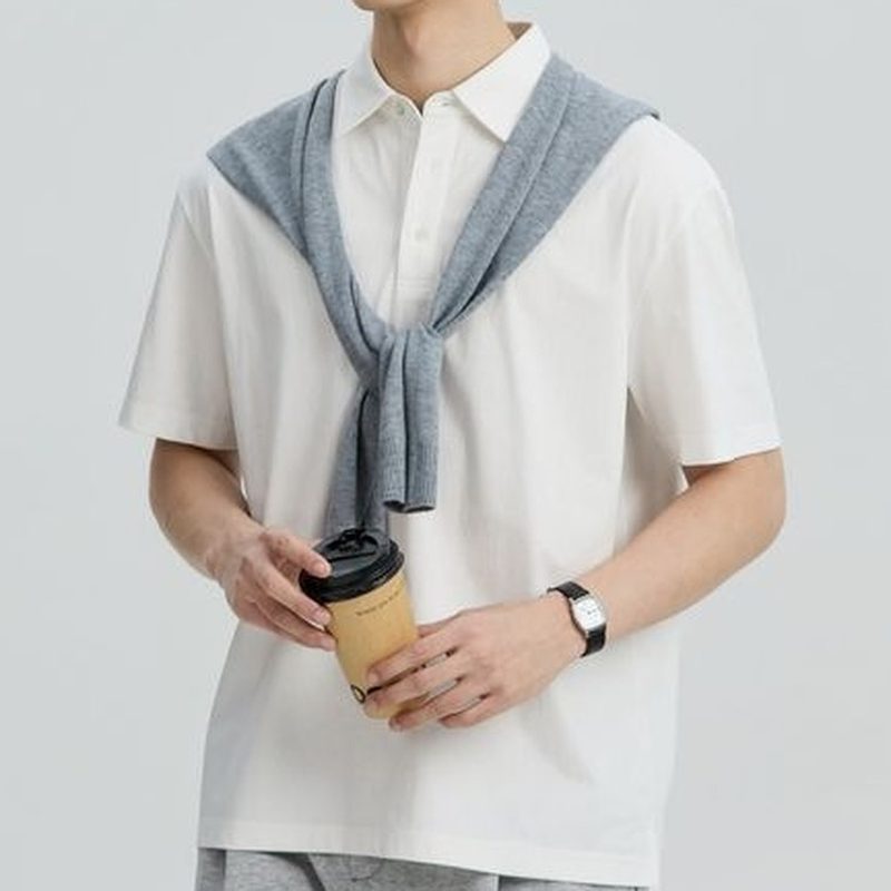 凉感褶饰翻领短袖上衣 白色 细节图1
